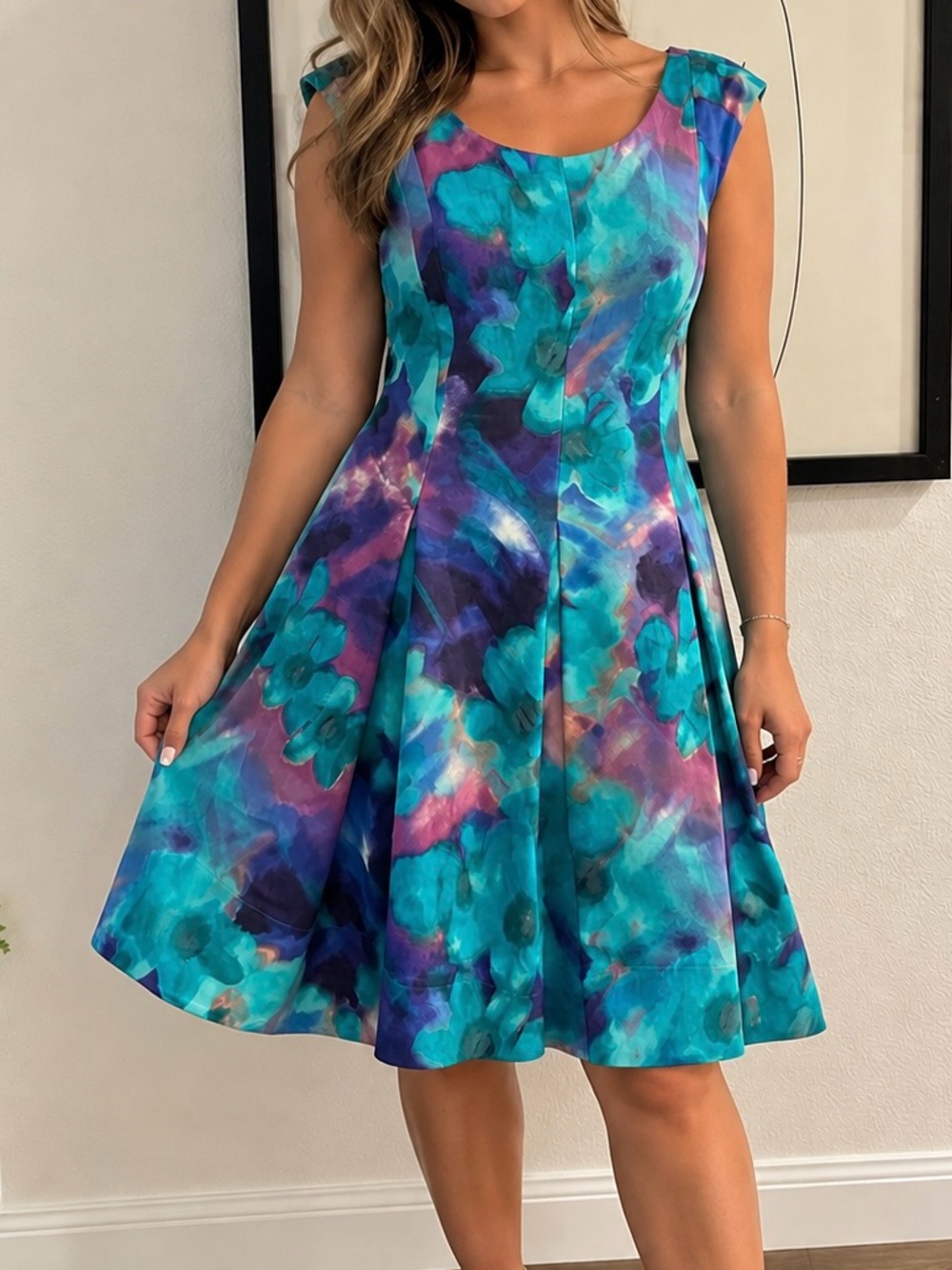 Eliza J Teal & Purple Watercolor Fit-and-Flare Midi Dress